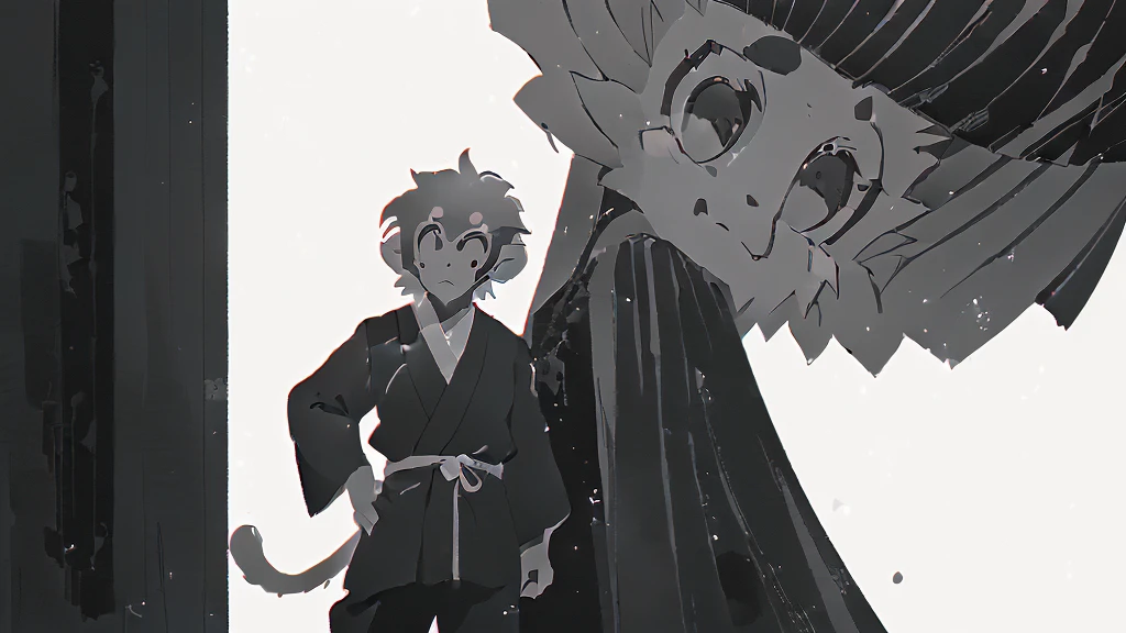 ((masterpiece, high quality, best quality, 8k, high resolution)), solo, ((monkey)), {{monkey tail back}}, ((detailed eyes, black eyes, looking away)), ((very surprised)), ((old samurai suit, old samurai pants, katana in hand)), (upper body), (standing), grainy footage, very grainy image, grainy picture, old footage, disney, Detailed drawing, ((white background, simple background)), ((((Saru to kani Gassen anime style)))), (((monochrome color, grayscale))), old animation 1917, VHS, Noise, (anime 1917 style), (old anime style).