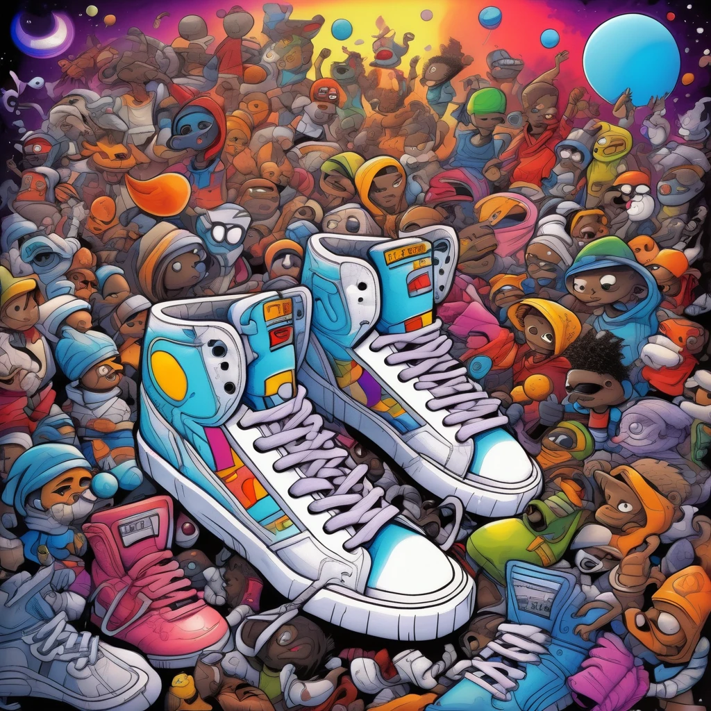 Skottie Young Style - hiphop moon drawn and colored with markers cheo bristol art style

A background completely filled with scattered sneaker in various sizes and colors, covering the entire screen.
 
character stay,