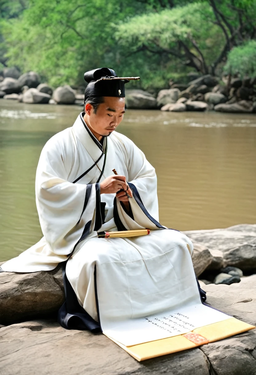 Cao Cao, now dressed in traditional scholar's robes, sits by a tranquil river, holding a brush and writing poetry on a silk scroll.