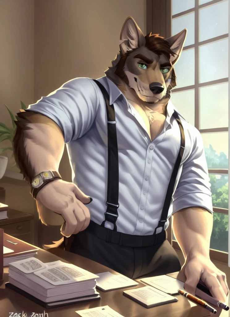 william adler, solo, mature male, bara, muscular male, wolf tail, yellow eyes, smile, (pose:1.3), (posing:1.3), (soft shading), 4k, hi res, ((detailed face, (detailed eyes:1.0), detailed)), (full body), by zackarry911, by zaush, (by personalami:0.5), looking at viewer, shirt, 1boy, holding, white shirt, upper body, male focus, collared shirt, indoors, book, window, suspenders, desk, sleeves rolled up, backlighting, watch, cigarette, paper, clock, pen, body fur, pectoral cleavage, desk, behind desk