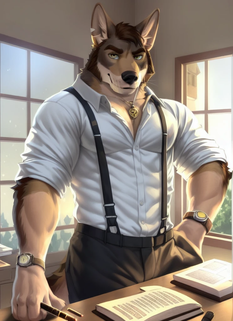 william adler, solo, mature male, bara, muscular male, wolf tail, yellow eyes, smile, (pose:1.3), (posing:1.3), (soft shading), 4k, hi res, ((detailed face, (detailed eyes:1.0), detailed)), (full body), by zackarry911, by zaush, (by personalami:0.5), looking at viewer, shirt, 1boy, holding, white shirt, upper body, male focus, collared shirt, indoors, book, window, suspenders, desk, sleeves rolled up, backlighting, watch, cigarette, paper, clock, pen, body fur, pectoral cleavage, desk, behind desk