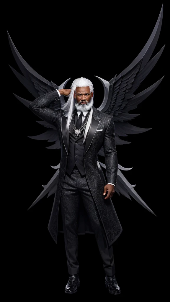 A very strong black gentleman with full body, with a set of black clothes, with black wing, with straight white hair and white beard.