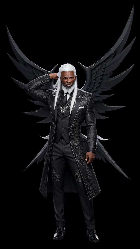 A very strong black gentleman with full body, with a set of black clothes, with black wing, with straight white hair and white beard.
