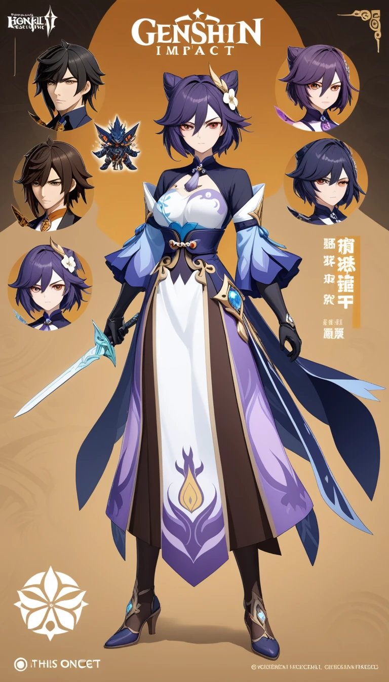 Anime character design of a woman holding a sword and a demon, Keqing from genshin impact, Makai Ryuko, Genshin Impact角色, To this + Concept Art, Genshin Impact风格, Attractive matoi ryuko, 绫香Genshin Impact冲击, gapmoe yandere grimdark, 《Genshin Impact》Zhongli, Adaptable personality, Official Character Art