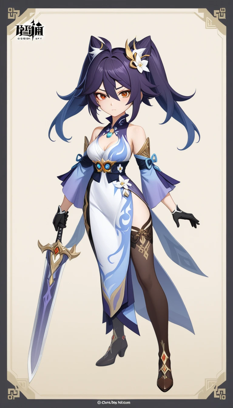Anime character design of a woman holding a sword and a demon, Keqing from genshin impact, Makai Ryuko, Genshin Impact角色, To this + Concept Art, Genshin Impact风格, Attractive matoi ryuko, 绫香Genshin Impact冲击, gapmoe yandere grimdark, 《Genshin Impact》Zhongli, Adaptable personality, Official Character Art