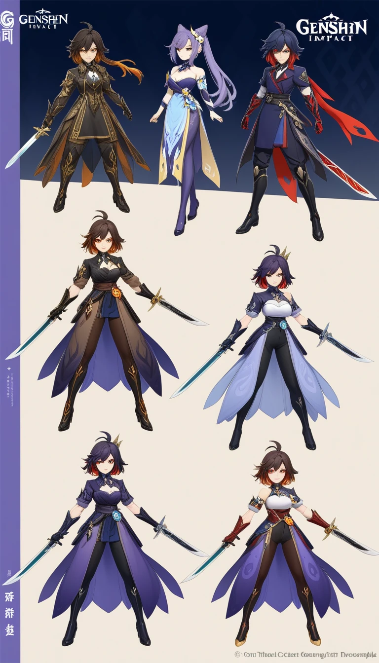 Anime character design of a woman holding a sword and a demon, Keqing from genshin impact, Makai Ryuko, Genshin Impact角色, To this + Concept Art, Genshin Impact风格, Attractive matoi ryuko, 绫香Genshin Impact冲击, gapmoe yandere grimdark, 《Genshin Impact》Zhongli, Adaptable personality, Official Character Art