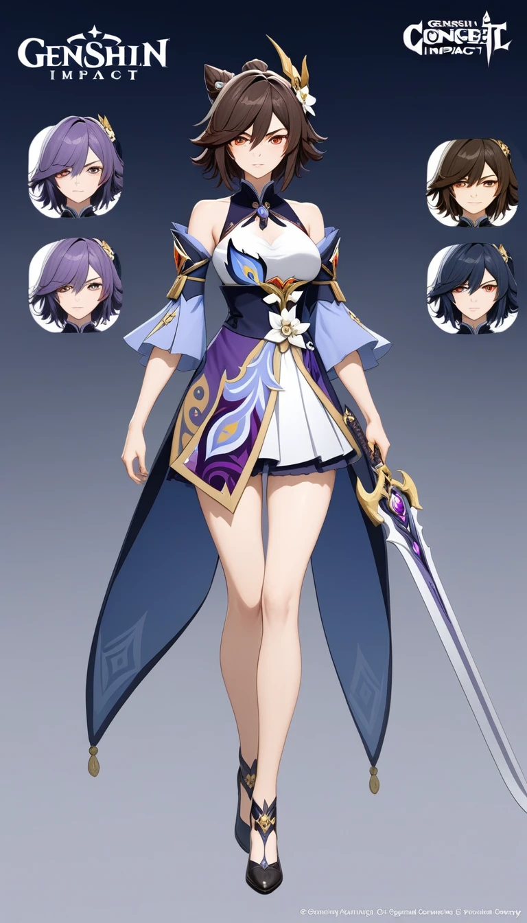 Anime character design of a woman holding a sword and a demon, Keqing from genshin impact, Makai Ryuko, Genshin Impact角色, To this + Concept Art, Genshin Impact风格, Attractive matoi ryuko, 绫香Genshin Impact冲击, gapmoe yandere grimdark, 《Genshin Impact》Zhongli, Adaptable personality, Official Character Art