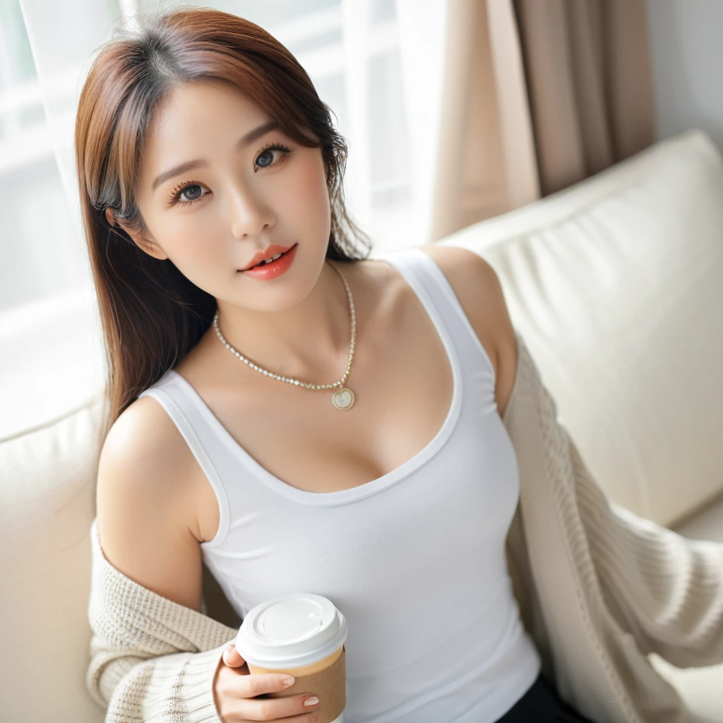 Close up of beautiful Korean woman, 32 inch chest size, Wearing a tank top and a cardigan, necklace, sit on the sofa and drink coffee, porcelain coffee cup, bokeh background, UH