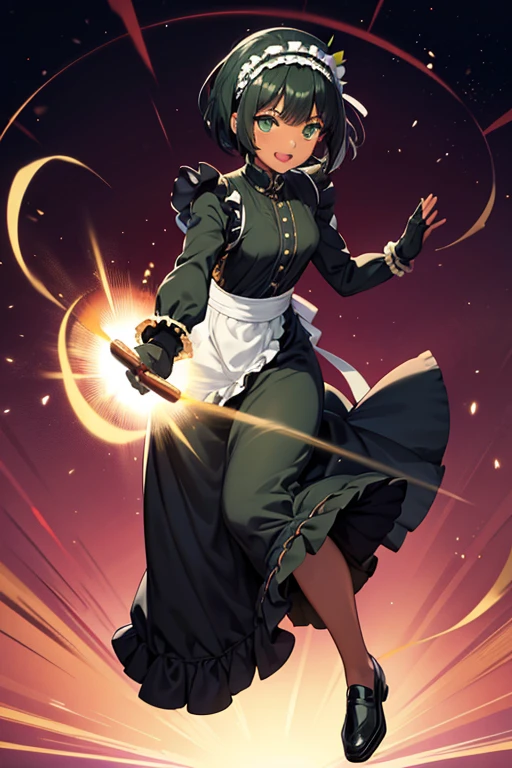 Anime Art、Full body portrait、Future SF warrior、A dark-skinned woman, about 160cm tall, about 19 years old, wearing a black long-sleeved shirt, black maxi skirt, and white frilly apron, waving a light beam Bullwhip in her hand、Large gloves、Laughing with mouth open、The hairstyle is short、Dark green hair、Green Eyes、loafers、Flat chest、Wearing a frilly headband on her head