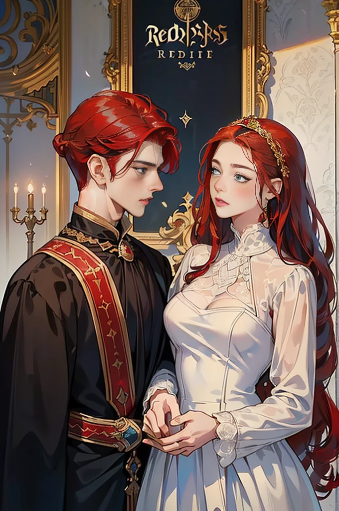 ((Masterpieces)), Best Quality, outstanding illustration, (((A couple seeing each other))), soft focus, (((1 boy with short black hair))) (((blue eyes))) (((dark wizard clothing))), (((1 girl from (((Red hair))) long curly))) (((gold eyes))) (((elaborate and beautiful WHITE wedding dress))), victorian clothing, Victorian and magical romanticism, opulent and exquisite atmosphere, Soft light and warm lighting.