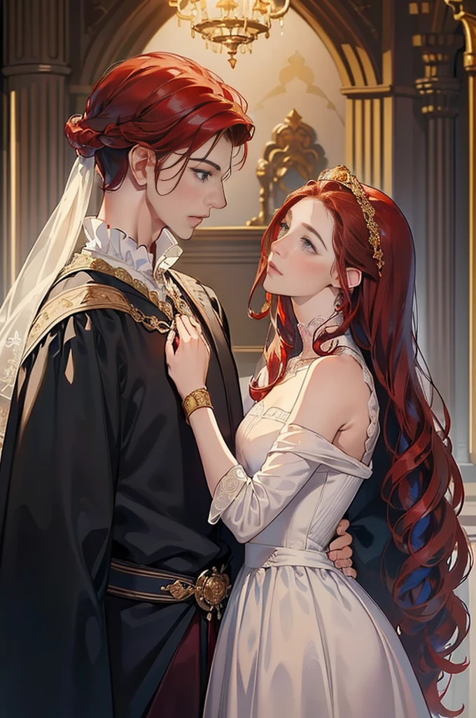 ((Masterpieces)), Best Quality, outstanding illustration, (((A couple seeing each other))), soft focus, (((1 boy with short black hair))) (((blue eyes))) (((dark wizard clothing))), (((1 girl from (((Red hair))) long curly))) (((gold eyes))) (((elaborate and beautiful WHITE wedding dress))), victorian clothing, Victorian and magical romanticism, opulent and exquisite atmosphere, Soft light and warm lighting.