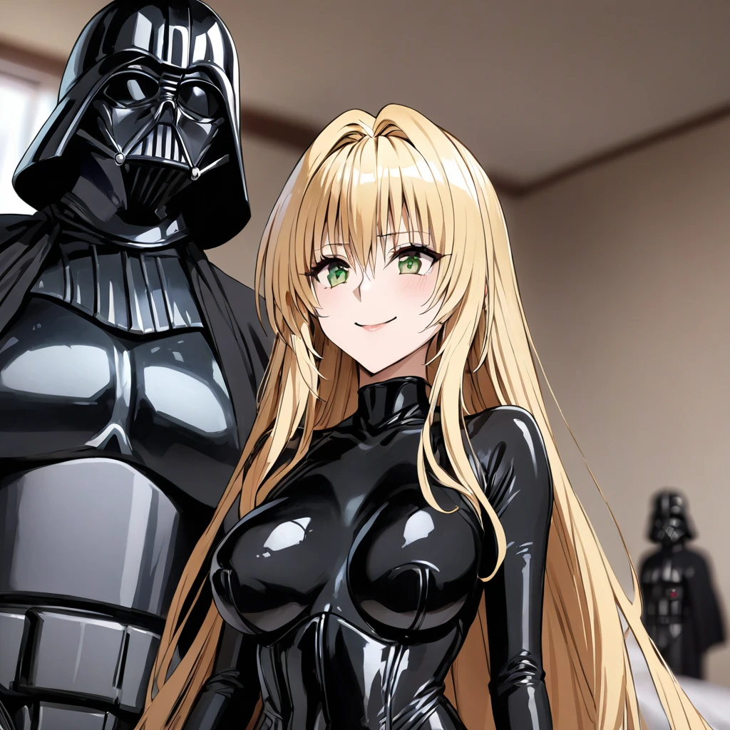 ((Highest quality)), ((masterpiece)), (detailed), (Perfect Face)、The woman is the Sith Lord Tearju, with green eyes and blonde medium-long hair, a female version of Darth Vader, wearing the same bodysuit and protector as Darth Vader, a full-face helmet as Darth Vader, and a black cloak.、The woman is standing next to Darth Vader and smiling sweetly at him.