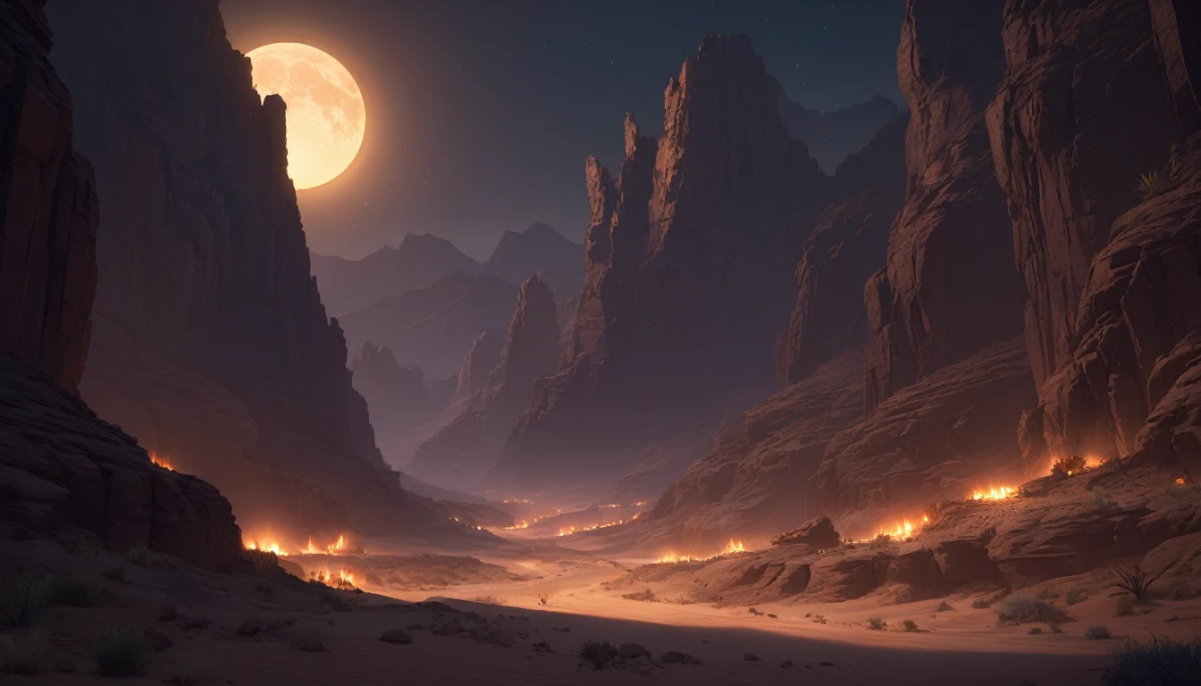 Desert Canyon, Dark Fantasy, night, Octane Rendering, complex, (best quality, masterpiece, representative work, Official Art, professional, Unity 8K wallpaper), (author:Noah Bradley:1.2)