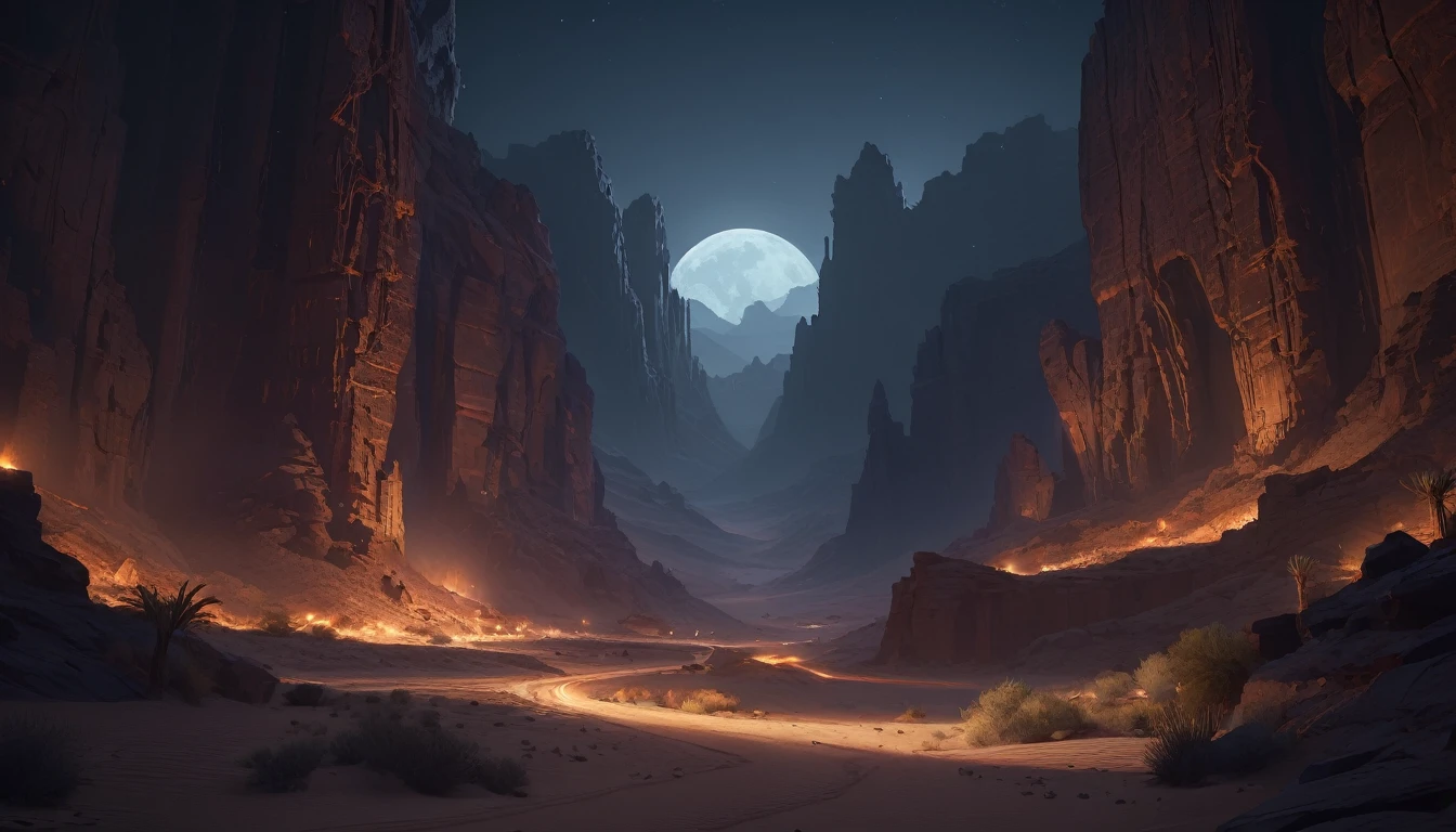 Desert Canyon, Dark Fantasy, night, Octane Rendering, complex, (best quality, masterpiece, representative work, Official Art, professional, Unity 8K wallpaper), (author：Noah Bradley:1.2)