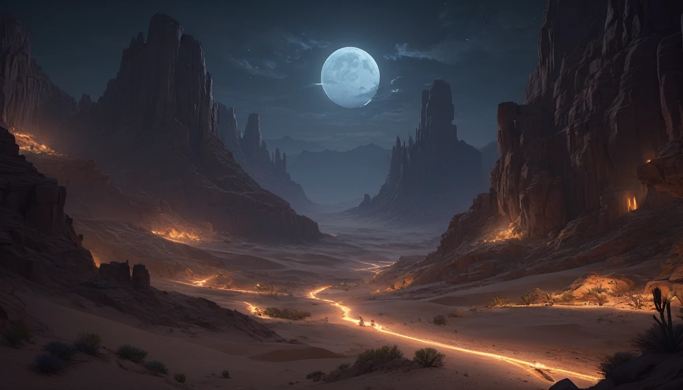 Desert Canyon, Dark Fantasy, night, Octane Rendering, complex, (best quality, masterpiece, representative work, Official Art, professional, Unity 8K wallpaper), (author:Noah Bradley:1.2)