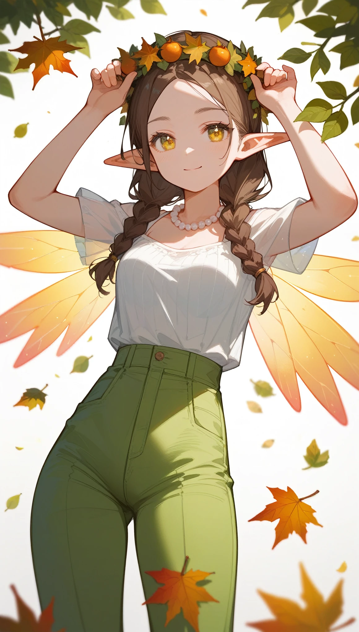 (Fraction_9,Fraction_8_Direction_7_up),（1 woman），Elf，Yellow eyes，Brown hair，Braids，Elf transparent wings，Knickers，Green pants，Pointed ears，Pearl jewelry on neck，White top，Colorful wreath on head，The skirt is made of leaves，