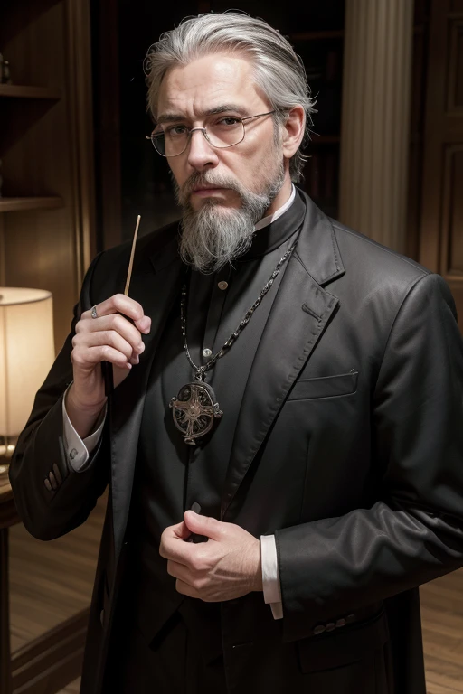 naughty man; aged 50; average height; Scrawny; Beard with gray strands; gray hair; round glasses; traje clerical; Black Costume; White toothpick; pocketwatch;black leather gloves; rosary; black cassock; respectful; charismatic; fatherly; central figure; researcher; determined; Old West RPG 1880.