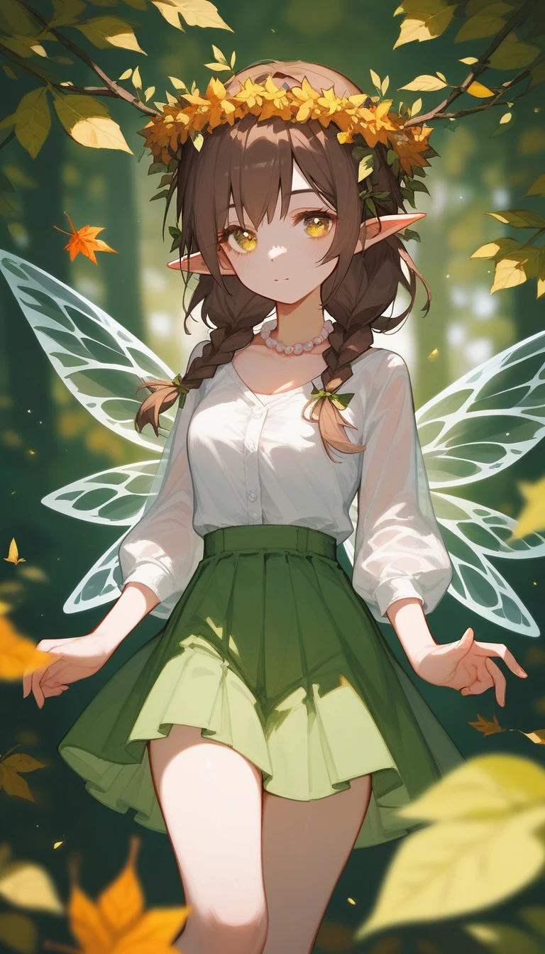 (Fraction_9,Fraction_8_Direction_7_up),(1 woman),Elf,Yellow eyes,Brown hair,Braids,Elf transparent wings,Knickers,Green pants,Pointed ears,Pearl jewelry on neck,White top,Colorful wreath on head,The skirt is made of leaves,