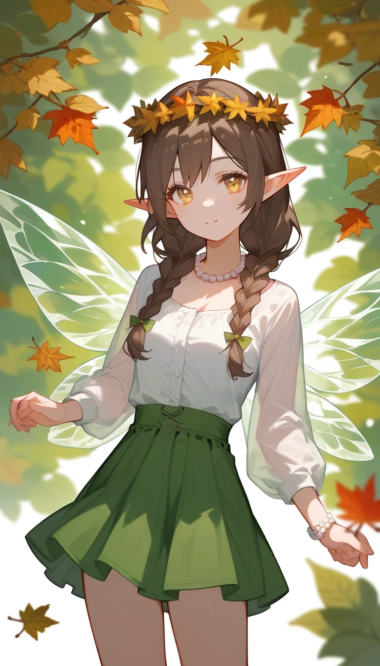 (Fraction_9,Fraction_8_Direction_7_up),（1 woman），Elf，Yellow eyes，Brown hair，Braids，Elf transparent wings，Knickers，Green skirt，Pointed ears，Pearl jewelry on neck，White top，White wreath on head，The skirt is made of leaves，