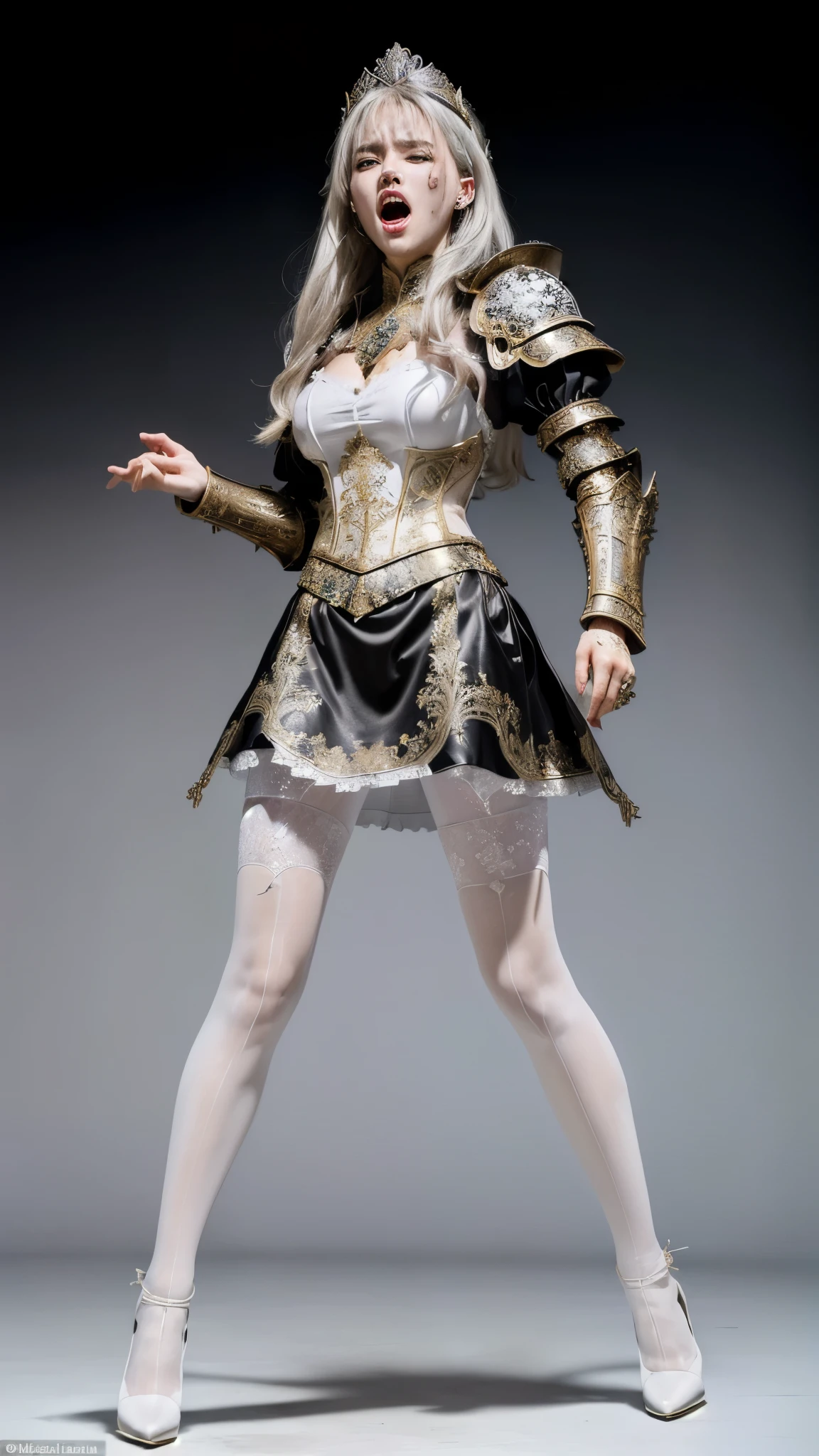 masterpiece, best quality photo, a beautiful 25 years old princess knight is screaming, blood splatted on body:1.2, (fancy engraved medieval metal armor on top:1.3), gold decorated armor, (ornate skirt in black color:1.2), (white pantyhose on bottom:1.3), high-heel:1.2, light gray metal armor, (detailed facial expression:1.2), extremely detailed face, extremely beautiful, grimace, screaming, (painful screaming facial expression:1.2),