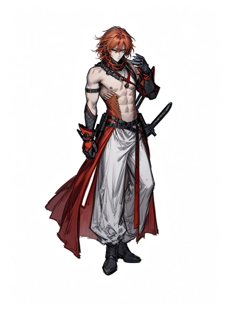 1boy ,red-orange hair, red eyes , mercenary, leather suit, weapon, sfw, beautiful clothes , (masterpiece, best quality) ,serious, struggling monk
