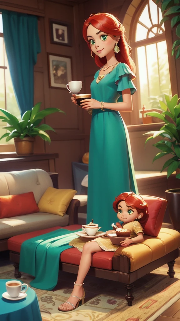 Concept Art,character illustration of a,European and American cartoons,(whole body:1.5),Mid-Long View,carpet,(Puppy lying on the floor),shoe,一个20岁的金发女生悠闲的sit在living room,Holding a cup of coffee,A laid-back expression,Relax,Leisure,European and American cartoons,1 Girl,freckle,Solitary,Jewelry,Green Eyes,Weaving,earrings,twin Weavings,necklace,Looking at the audience,Red hair,plant,Puff sleeves,bracelet,Smile,Long hair,puffy short sleeve,Necklace,dress,flower,Coffee cup,Gloves,earrings,Jewelry,肘部Gloves,cup,,sit,sofa,window,cake,小cake,sofa,living room,solo