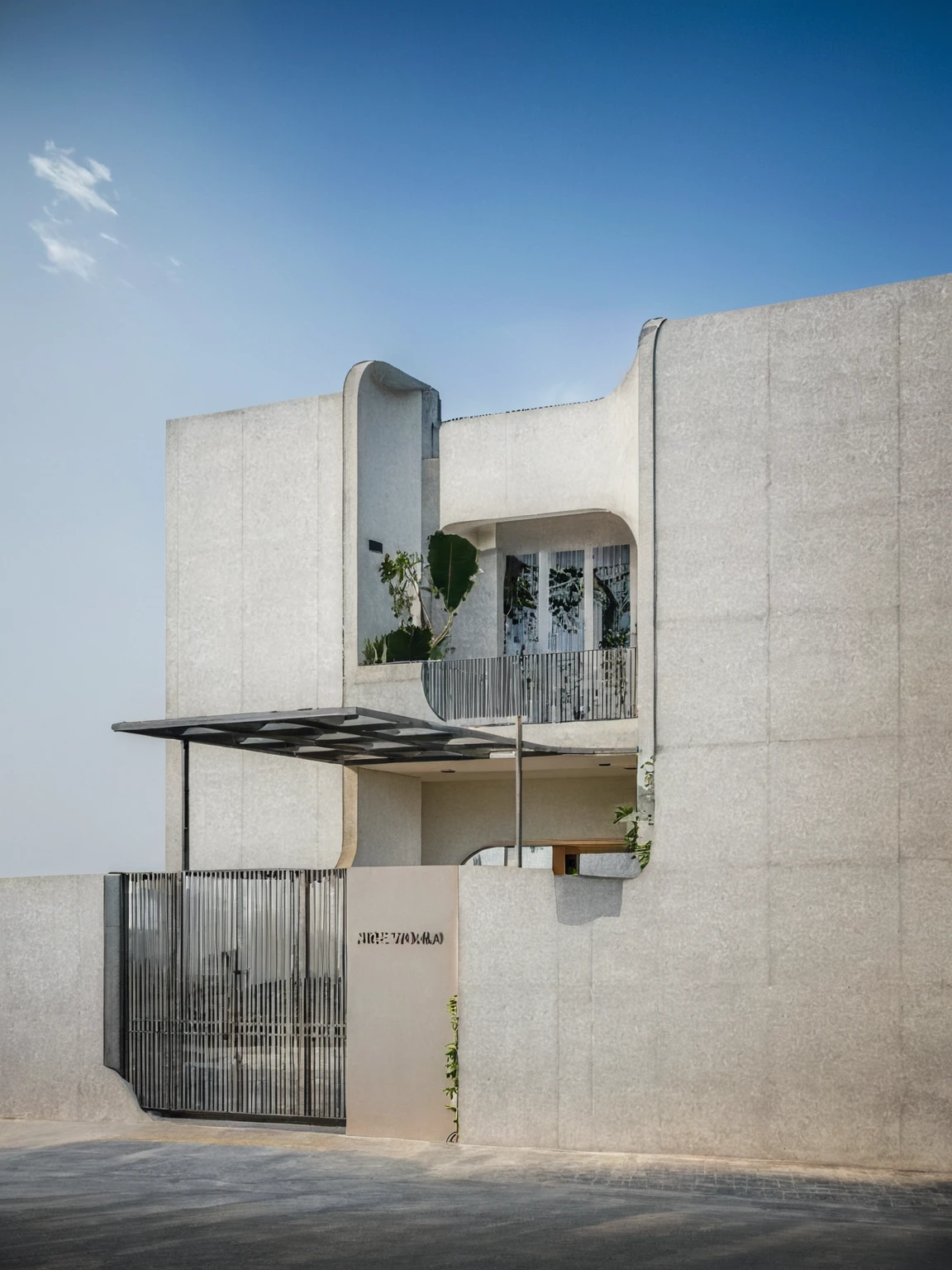 RAW photo , A white minimalism woodandwhite modern house with a double story and simple architecture, surrounded by trees in the yard of Vietnam, featuring a black metal gate and fence, landscape design, natural light, clear sky, blue background, high resolution photography, architectural photography, architectural appearance. The building has square windows made from white ceramic tiles, while the walls feature grid designs, There is also an entrance to another home nearby in the style of architectural photography, road, sidewalk, sidewalk trees, 8k uhd, dslr, soft lighting, high quality, film grain, Fujifilm XT3