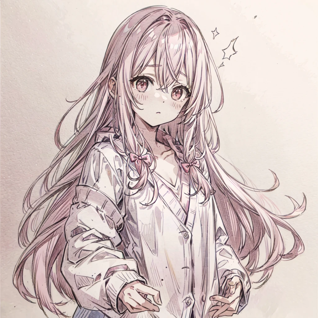 masterpiece, best quality, sketch, Pink Hair,masterpiece, best quality, faint blush, Cardigan,Upper Body,cute