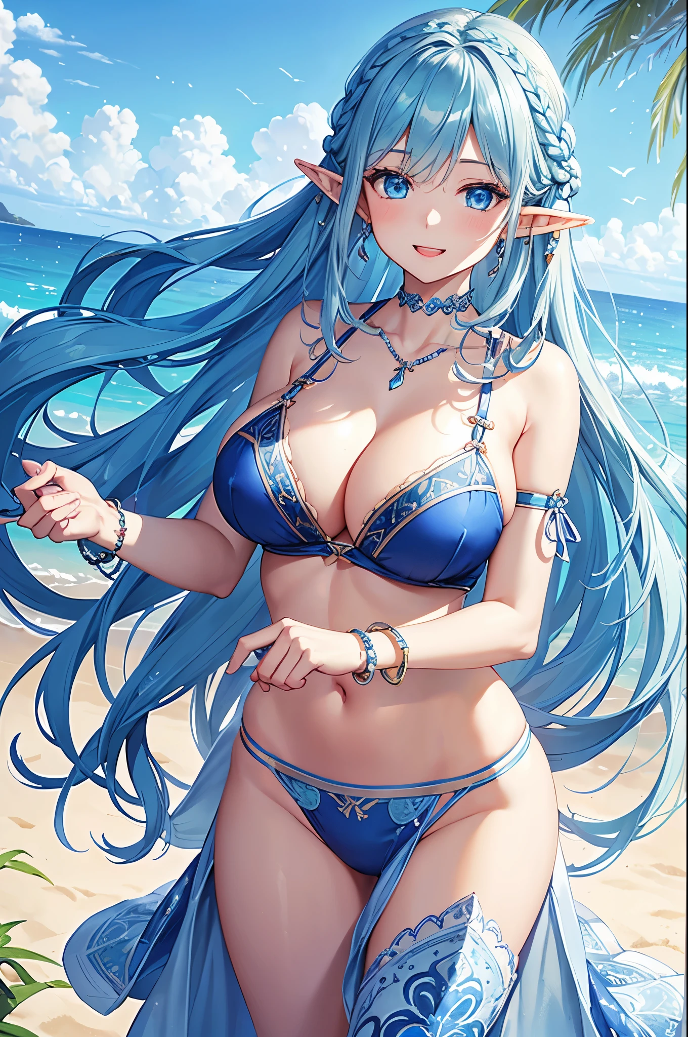 Highest quality、Highest quality、masterpiece、(8K resolution),beauty(Age 25)、(Mature Appearance)、Light blue long hair(Braiding of sides)、blue eyes、(Detailed embroidered underwear)、(Elf)、Big cleavage、((Big Breasts))、smile、blue necklace、Blue Earrings、background(Beach)、Please open your mouth wide、bracelet、Dynamic pose、Blue choker、
