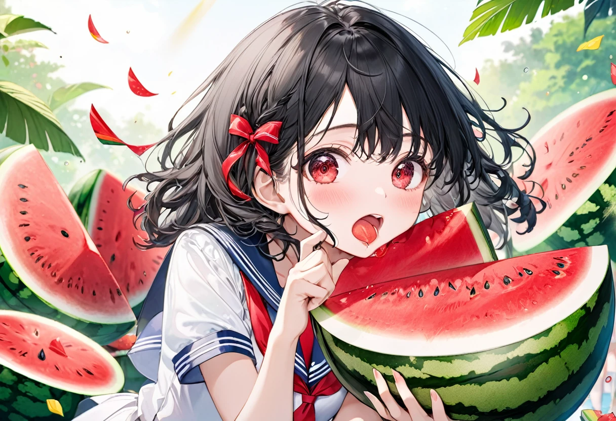 (Watermelon Smashing style), (eating watermelon), (solo:2, 15 yo, curly:1.3 black hair long hair lovely girl, lovely red eyes, open cute mouth, glossy lip, surprised face), (in a summer school sailor suit, skirt, red ribbon), hand holding a cut watermelon, break, in the watermelon festival, background biggest watermelon, BREAK, perfect anatomy, masterpiece, best quality, 16k, beautiful detailed grow, daydreaming expression.