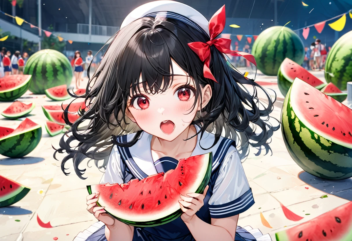 (Watermelon Smashing style), (eating watermelon), (solo:2, 15 yo, curly:1.3 black hair long hair lovely girl, lovely red eyes, open cute mouth, glossy lip, surprised face), (in a summer school sailor suit, skirt, red ribbon), hand holding a cut watermelon, break, in the watermelon festival, background biggest watermelon, BREAK, perfect anatomy, masterpiece, best quality, 16k, beautiful detailed grow, daydreaming expression.