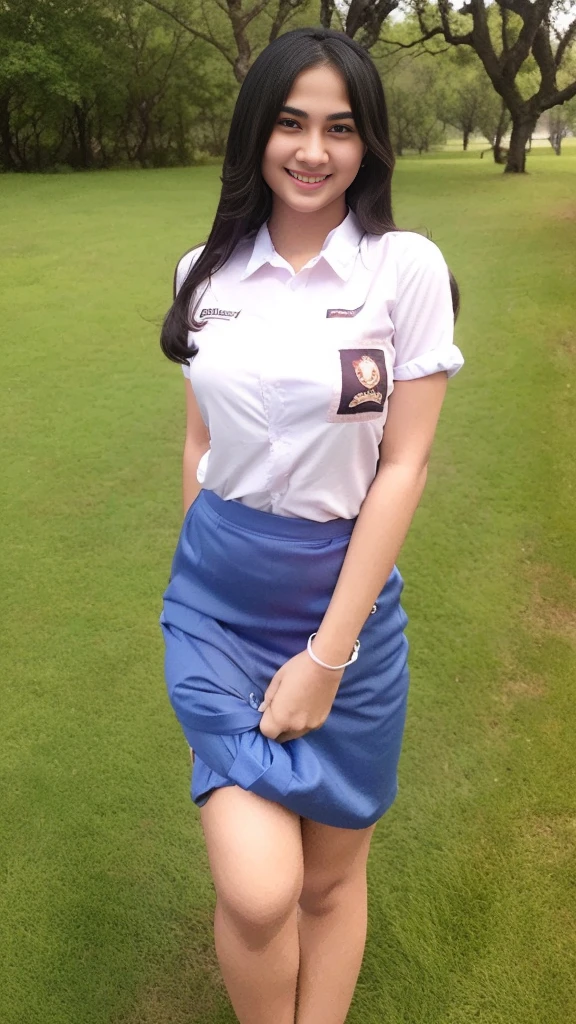 (in 8K、Raw photography、Highest Quality、realisitic、Photorealsitic、Professional Lighting、masterpiece、extremely delicate and beautiful、Highly detailed、finely detail、ultra-detailliert、hight resolution、beautiful and detailed face、beauty legs、Nasty smile、Textured skin、full-shot:2、Full Body Angle:1.5)、1girl in、solo:2、Colossal 、ultra gigantic 、beautiful model、beautiful face:1.5、Crab crotch、hi-school girl、blazers、white shirt、Navy blue checked skirt、straight long hair、Sh、Schools、A lot of people are watching, (Indonesian_high_school_uniform), standing, outdoors, detailed face, detailed eyes, huge breasts, shiny skin, looking at the audience,(8k, RAW photo, best quality, masterpiece: 1.2), (realistic, realistic: 1.37), ultra-high resolution, muscular body, white shirt, indonesian highschool uniform skirt