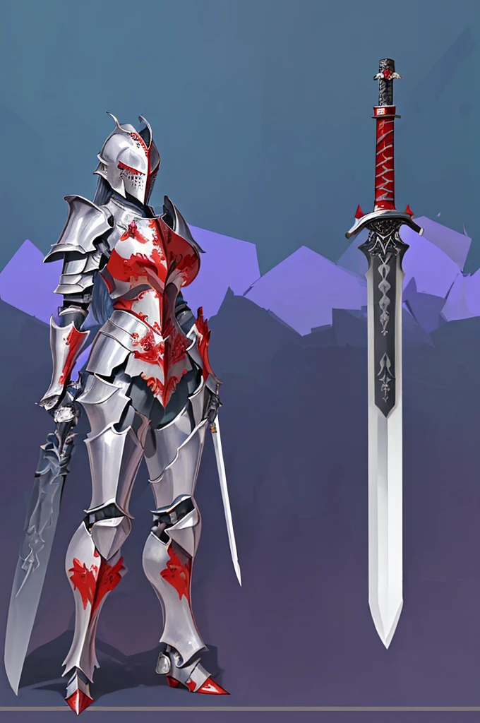 (masterpiece), best quality, 1Girl, standing, master piece, full body character concept, full body character design, full body concept art, Knight, face hidden by Armor helmet, Gray armor, Red Pattern, swordman, detailed armor, knight, holding big sword, Red symbol, full Gray armor body, Detailed helmet knight, full armor, big boob