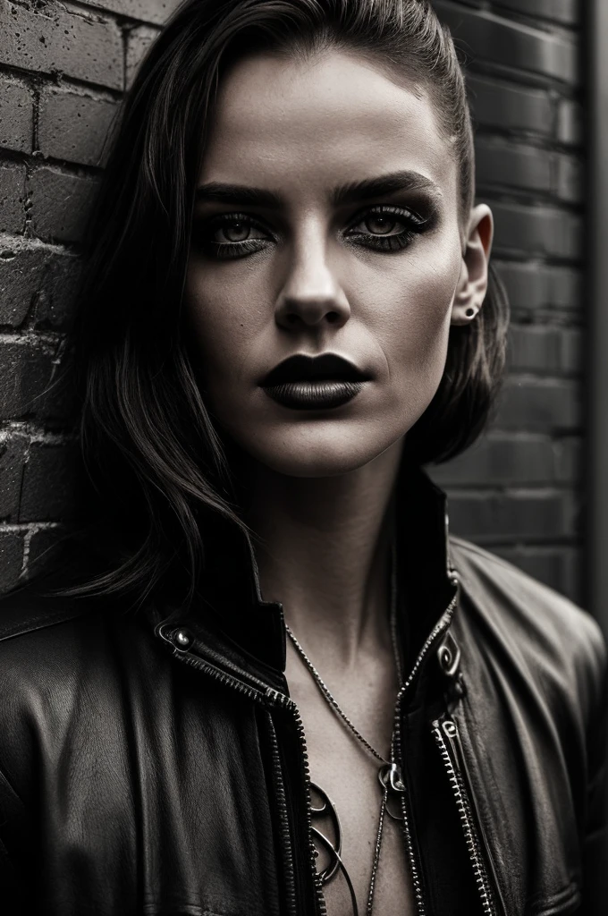 DakotaJ_soloTI_v1,PA7_Portrait-MCU,
a beautiful woman, perfect hair,
Edgy and utilitarian attire, featuring rugged fabrics and metal accents, strong and confident pose, close-up shot, (digital, cool and metallic tones, a touch of gritty filters), (Urban Warehouse Setting, with exposed brick walls, metal fixtures, and a raw industrial atmosphere), intense and determined eyes, a bold and commanding expression, bold and edgy lips, (industrial gaze: 1.1), statement and industrial-inspired accessories, (gritty shot: 1.3), (harsh and directional lighting, emphasizing the raw and rugged aesthetic with strong and contrasting light and shadows),