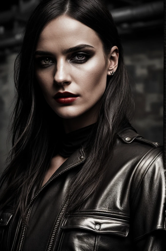 DakotaJ_soloTI_v1,PA7_Portrait-MCU,
a beautiful woman, perfect hair,
Edgy and utilitarian attire, featuring rugged fabrics and metal accents, strong and confident pose, close-up shot, (digital, cool and metallic tones, a touch of gritty filters), (Urban Warehouse Setting, with exposed brick walls, metal fixtures, and a raw industrial atmosphere), intense and determined eyes, a bold and commanding expression, bold and edgy lips, (industrial gaze: 1.1), statement and industrial-inspired accessories, (gritty shot: 1.3), (harsh and directional lighting, emphasizing the raw and rugged aesthetic with strong and contrasting light and shadows),