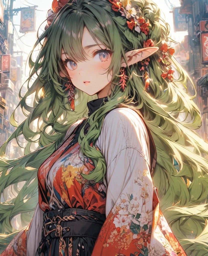 Green Hair　Long Hair　Elf　sweater　