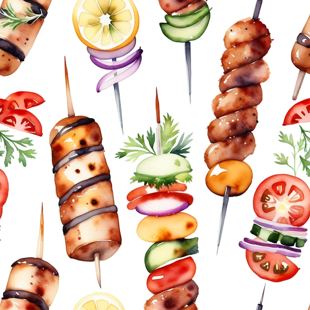 there is a huge extremely delicious turkish kebab, (watercolor), illustration, isolated with solid white background, surrounded with negative space, centered compositon, 8k, highly detailed painting, very precise painting, Isolated, clear brilliant white background