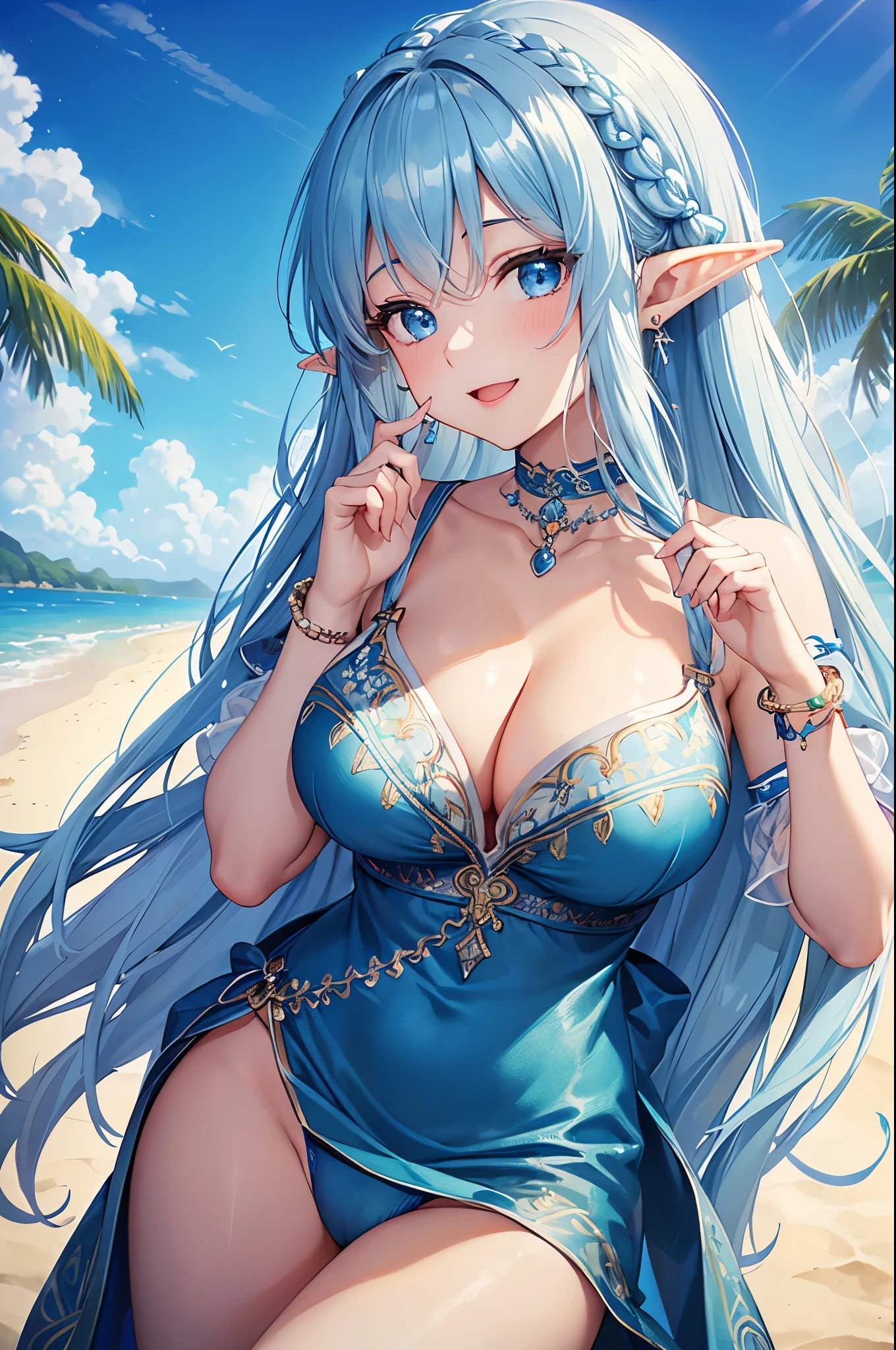 Highest quality、Highest quality、masterpiece、(8K resolution),beauty(Age 25)、(Mature Appearance)、Light blue long hair(Braiding of sides)、blue eyes、(Detailed embroidered underwear)、(Elf)、Big cleavage、((Big Breasts))、smile、blue necklace、Blue Earrings、background(Beach)、Please open your mouth wide、bracelet、Dynamic pose、Blue choker、