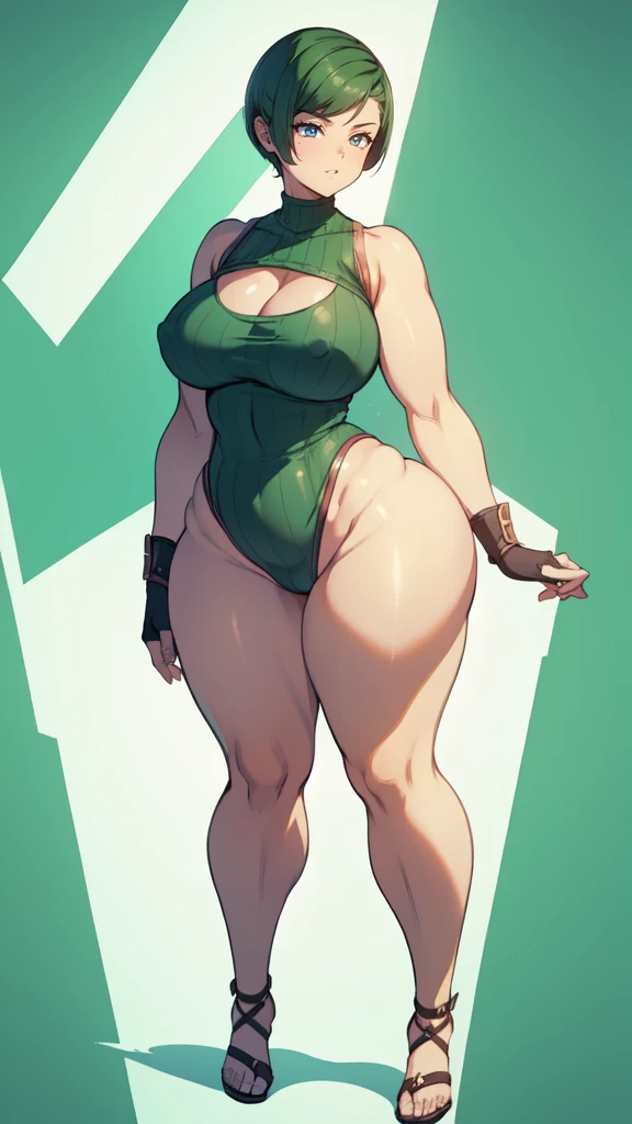 (masterpiece), best quality, female warrior, huge girl, female muscular:1.2, ((very short hair:1.6)), green hair, big breast, (curvy:1.7), (((blank background))), ((full body)), fingerless gloves, sandals, sleeveless, covered nipples, tshirt top, shaved hair, (buzzcut hairstyle), white socks