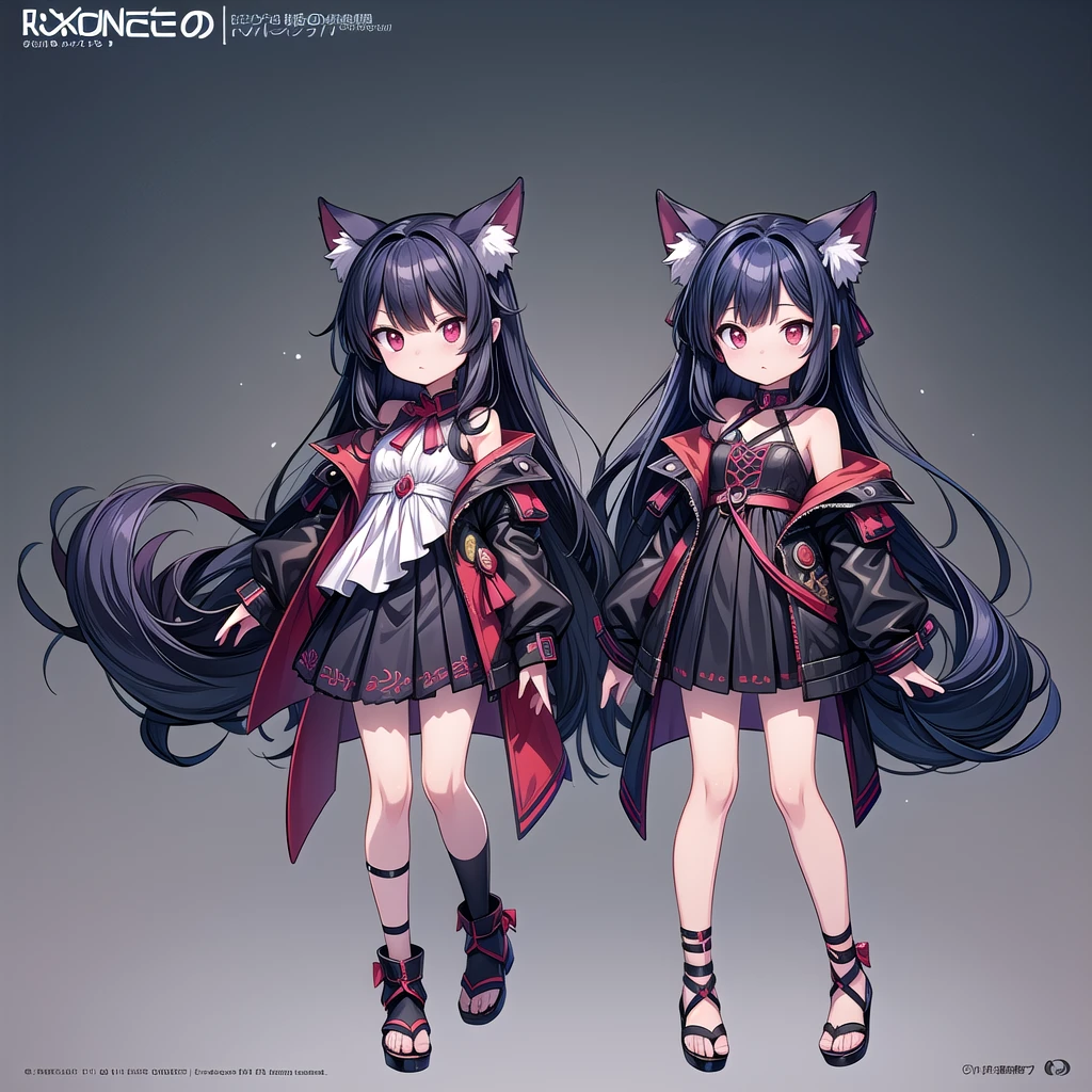 two anime characters with red eyes and black hair, detailed character design, full body, anime character design, [character design], extremely detailed full body concept, best anime character design, cute fluffy female anime style, demonic anime girl, adaptable personality, full body anime illustration, full body female anime art