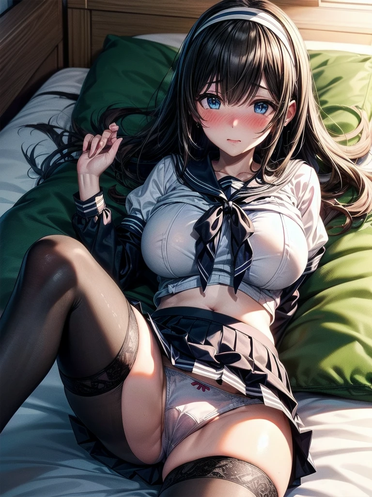 nsfw, (highly detailed beautiful face and eyes:1.2), (((lying))), nsfw, bbfumika, idolmaster, long hair, hairband, ((Sailor School uniform)), ((huge breasted)), Brown panties under pantyhose, torn pantyhose, pussy cutout pantyhose, ((white pantie)), 1girl, solo, (lift shirt:1.5), (show off breasts:1.5), (spread legs, legs up), (pleated mini skirt:1.3), from below, (white pantie, lift skirt, pantie shot, blush), (blushing:1.6), (town overview), detailed landscape, (best quality,masterpiece:1.2), intricate details, extremely detailed,8k resolution, natural lighting,