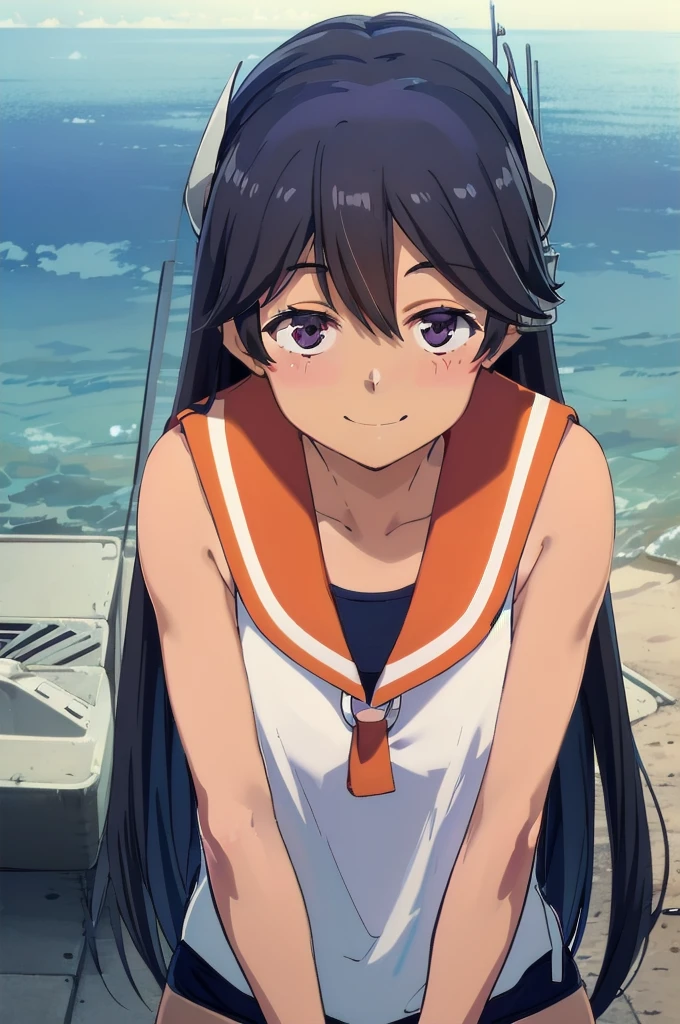 One Girl, alone, Upper Body, In-person audience, View your audience, smile, I400KC, Long Hair, White shirt, Sleeveless,One piece swimsuit, Bare arms, Sleeveless shirt, headgear, School Swimsuit, Sunburn, Sunburnlines, Wear a swimsuit under your clothes, Sailor shirt, Orange sailor collar