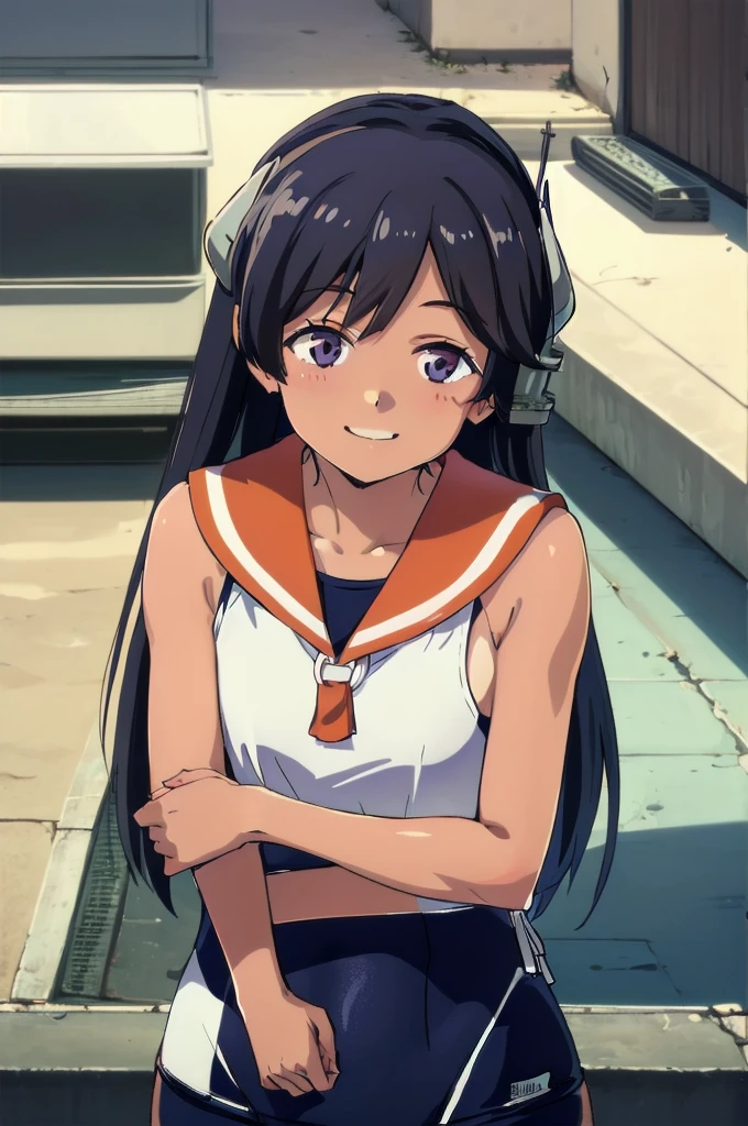 One Girl, alone, Upper Body, In-person audience, View your audience, smile, I400KC, Long Hair, White shirt, Sleeveless,One piece swimsuit, Bare arms, Sleeveless shirt, headgear, School Swimsuit, Sunburn, Sunburnlines, Wear a swimsuit under your clothes, Sailor shirt, Orange sailor collar