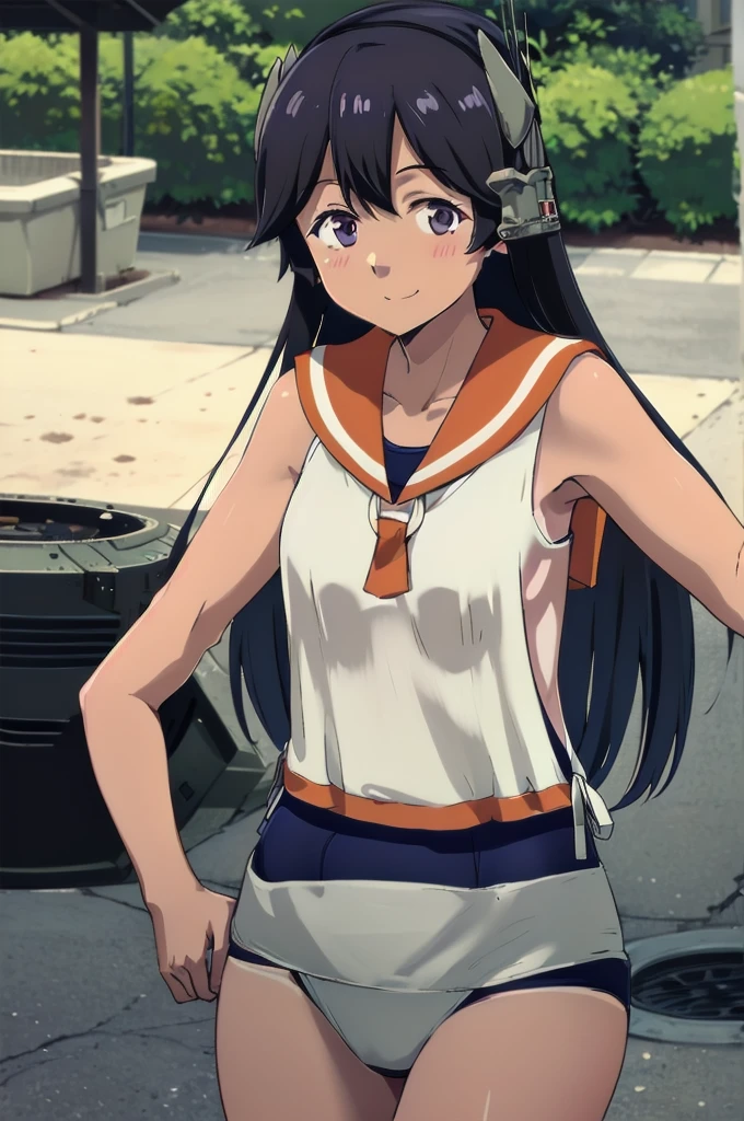 One Girl, alone, Upper Body, In-person audience, View your audience, smile, I400KC, Long Hair, White shirt, Sleeveless,One piece swimsuit, Bare arms, Sleeveless shirt, headgear, School Swimsuit, Sunburn, Sunburnlines, Wear a swimsuit under your clothes, Sailor shirt, Orange sailor collar