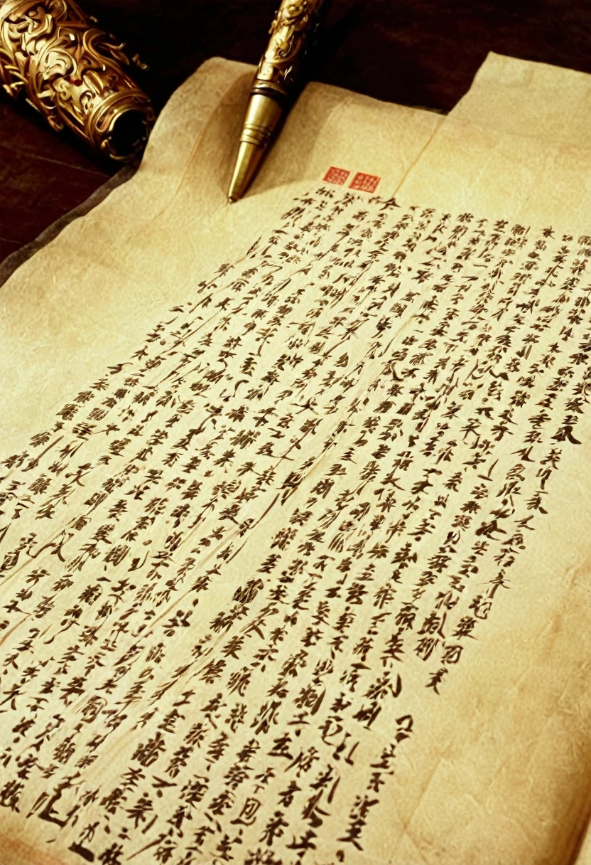 The camera zooms in on the scroll as Cao Cao writes.