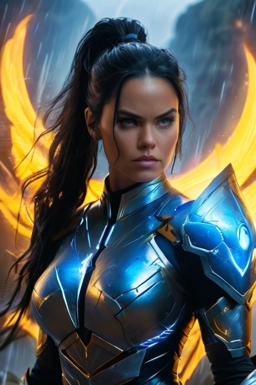 MILF, evil beautiful and very muscular female Nordic storm giant with blue black hair in a ponytail, older and mature looking , throwing a lightning bolt, glowing tattoos, wearing steel runic plate mail Armour , temple cave background with lightning storm, glowing blue eyes, powerful and imposing, square jawline