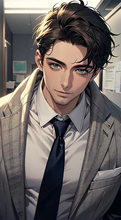 (Highest quality,4K,8K,High resolution,masterpiece:1.2),Super detailed,(Realistic,photoRealistic,photo-Realistic:1.37),1 person,34 years old,Mature Men,Beautiful skin、very handsome,Expressionless smile in love,Short dark blue hair,green eyes,Sharp Eyes,A perfect face without a doubt,Businessman,Office Background,Cinema Lighting,HDR image,tie、