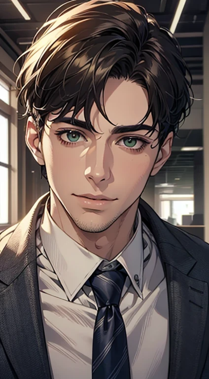 (Highest quality,4K,8K,High resolution,masterpiece:1.2),Super detailed,(Realistic,photoRealistic,photo-Realistic:1.37),1 person,34 years old,Mature Men,Beautiful skin、very handsome,Expressionless smile in love,Short dark blue hair,green eyes,Sharp Eyes,A perfect face without a doubt,Businessman,Office Background,Cinema Lighting,HDR image,tie、