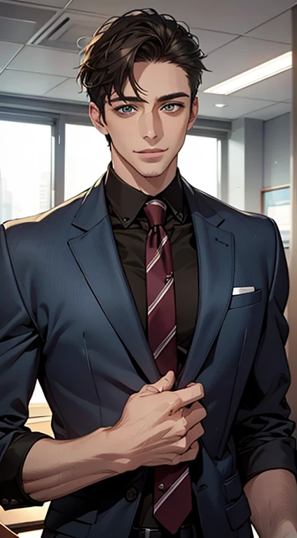 (Highest quality,4K,8K,High resolution,masterpiece:1.2),Super detailed,(Realistic,photoRealistic,photo-Realistic:1.37),1 person,34 years old,Mature Men,Beautiful skin、very handsome,Expressionless smile in love,Short dark blue hair,green eyes,Sharp Eyes,A perfect face without a doubt,Businessman,Office Background,Cinema Lighting,HDR image,tie、