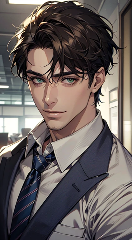 (Highest quality,4K,8K,High resolution,masterpiece:1.2),Super detailed,(Realistic,photoRealistic,photo-Realistic:1.37),1 person,34 years old,Mature Men,Beautiful skin、very handsome,Expressionless smile in love,Short dark blue hair,green eyes,Sharp Eyes,A perfect face without a doubt,Businessman,Office Background,Cinema Lighting,HDR image,tie、